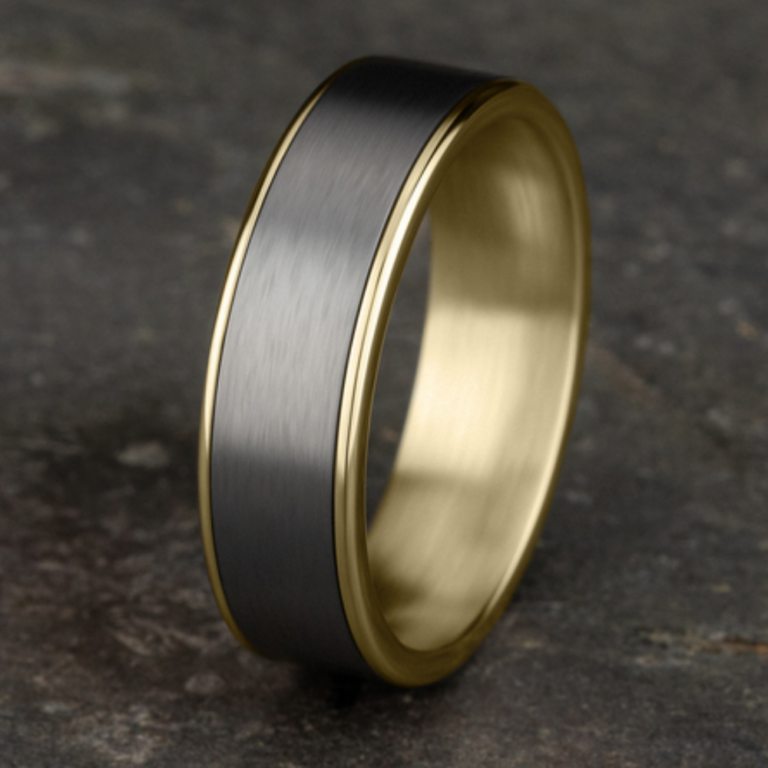 14K Gold and Tantalum 6.5mm – Satin Men’s Wedding Band Ammara Stone 36