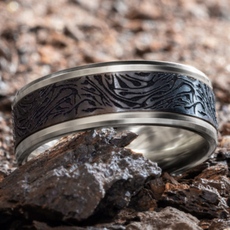 14K Gold and Black Titanium 8mm – Mokume Men’s Wedding Band Benchmark 19