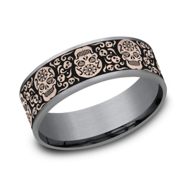 14K Gold and Tantalum 7.5mm - Skull Men's Wedding Band - Image 8