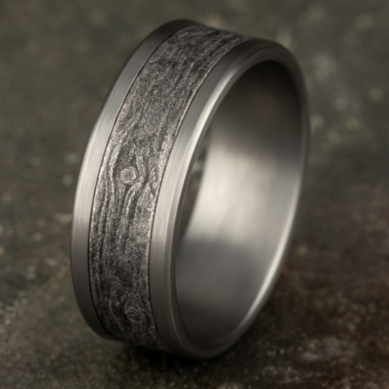 14K Gold and Tantalum 8mm – Wood Pattern Men’s Wedding Band Ammara Stone 15