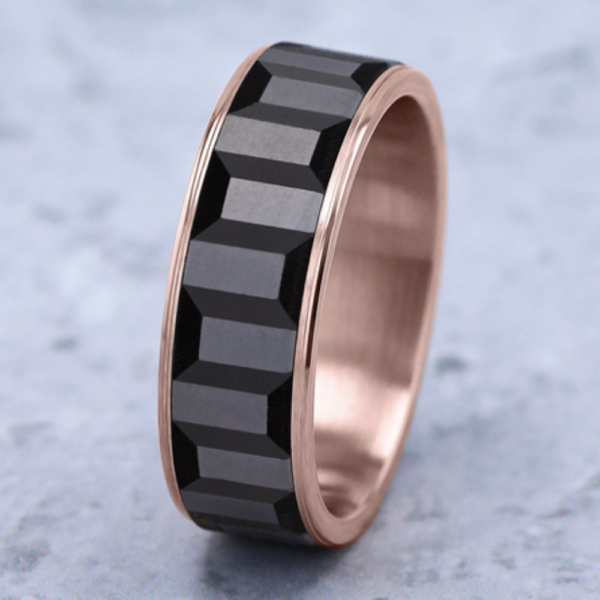 14K Gold and Tantalum 7.5mm - Gear Pattern Men's Wedding Band - Image 9
