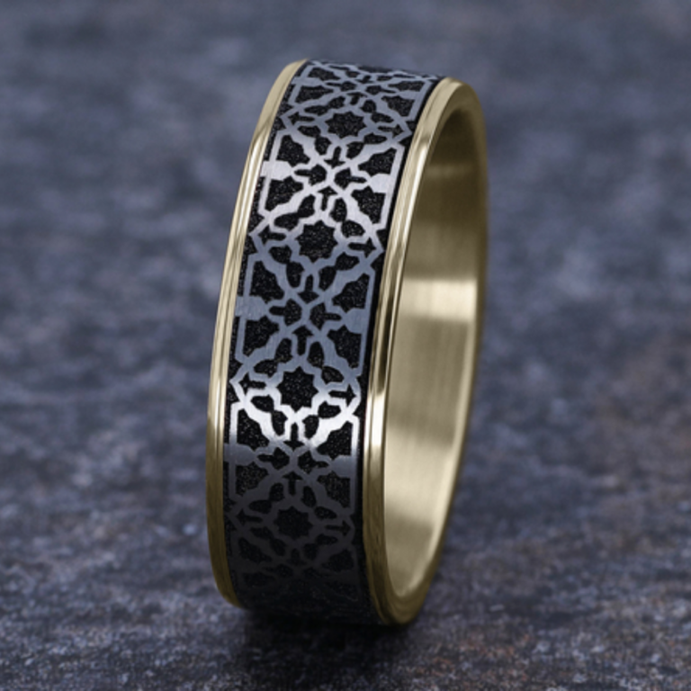 14K Gold and Black Titanium 7.5mm – Aztec Men’s Wedding Band Benchmark 33