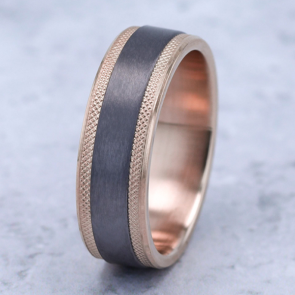 14K Gold and Tantalum 7mm - Satin Knurled Men's Wedding Band - Image 6