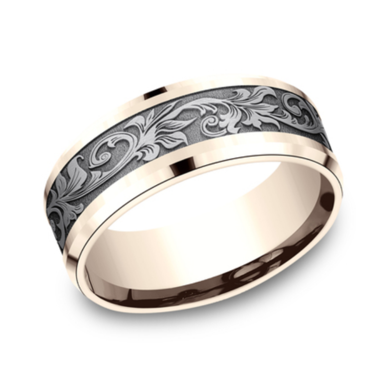14K Gold and Tantalum 8mm – Vintage Script Men’s Wedding Band Benchmark 17
