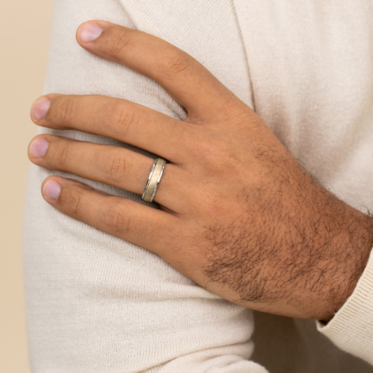 14K Two-Tone Gold 6mm – Diagonal Satin Men’s Wedding Band Benchmark 20