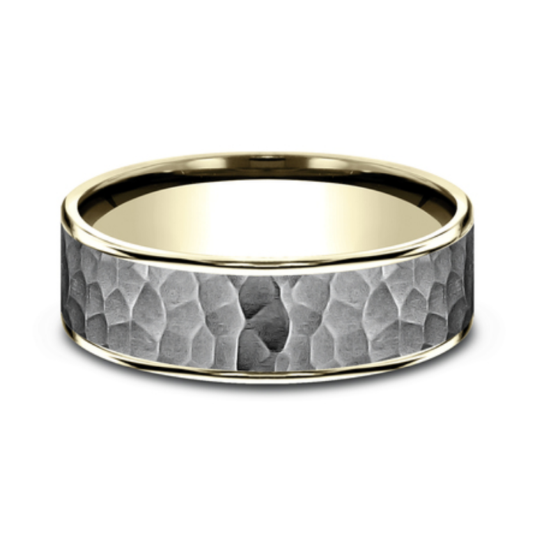 14K Gold and Tantalum 7.5mm – Satin Hammer Men’s Wedding Band Ammara Stone 14