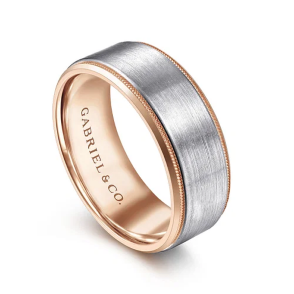 14K Two-Tone Gold 8mm - Satin Finish Milgrain Beveled Men's Wedding Band - Image 2