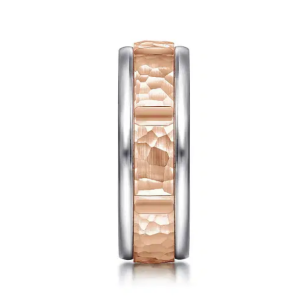 14K Two-Tone Gold 7mm - Hammered Station Men's Wedding Band - Image 8