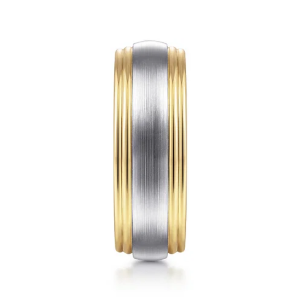 14K Two-Tone Gold 8mm - Satin Finish Grooved Men's Wedding Band - Image 4