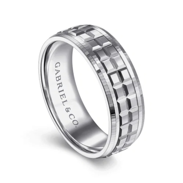 14K Two-Tone Gold 7mm - Square Carved Men's Wedding Band - Image 10