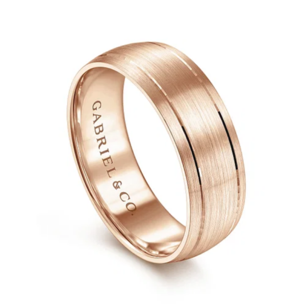 14K Gold 7mm - Satin Finish Grooved Accents Men's Wedding Band - Image 6