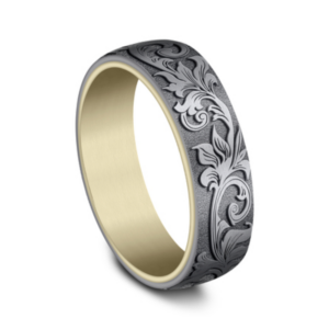 14K Gold and Tantalum 6.5mm – Vintage Script Men’s Wedding Band Ammara Stone 35