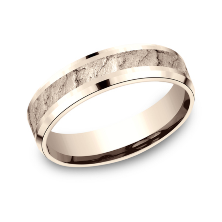 14K Gold 6mm – Lava Rock Beveled Men’s Wedding Band Benchmark 17