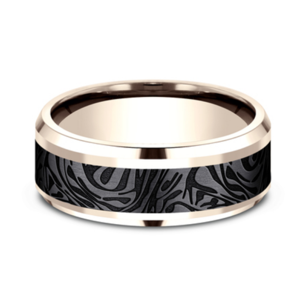 14K Gold and Black Titanium 8mm - Mokume Men's Wedding Band - Image 4