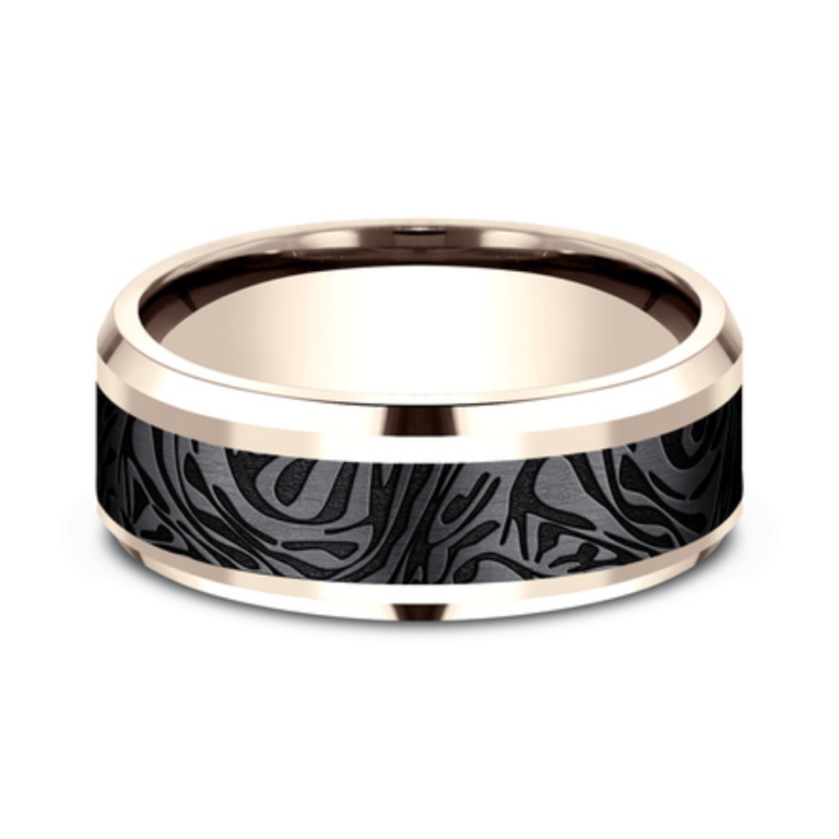 14K Gold and Black Titanium 8mm – Mokume Men’s Wedding Band Benchmark 14