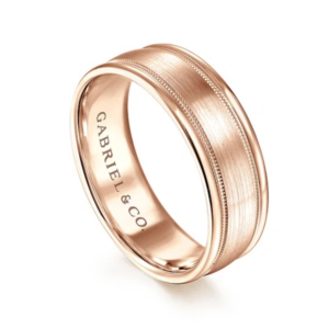 14K Gold 7mm - Satin Finish Milgrain Channels Men's Wedding Band
