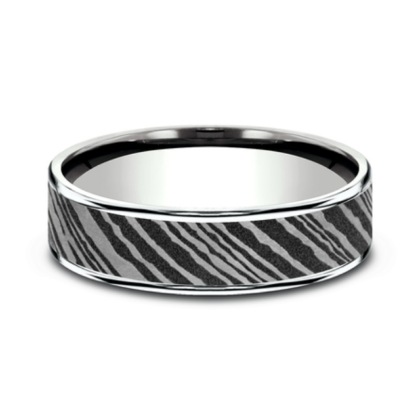 14K Gold and Damascus Steel 6.5mm - Men's Wedding Band - Image 4