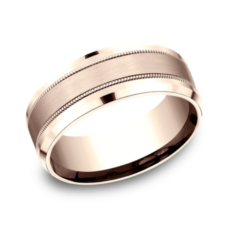 14K Gold 8mm – Satin Milgrain Men’s Wedding Band Benchmark 59
