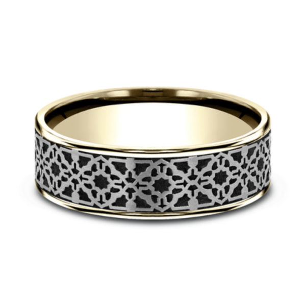 14K Gold and Black Titanium 7.5mm - Aztec Men's Wedding Band - Image 4
