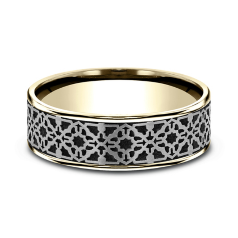 14K Gold and Black Titanium 7.5mm – Aztec Men’s Wedding Band Benchmark 31