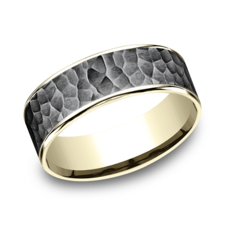 14K Gold and Tantalum 7.5mm – Satin Hammer Men’s Wedding Band Ammara Stone 15