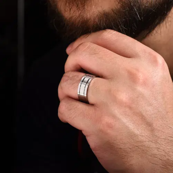 14K Gold 8mm - Satin Checkered Pattern Men's Wedding Band - Image 13