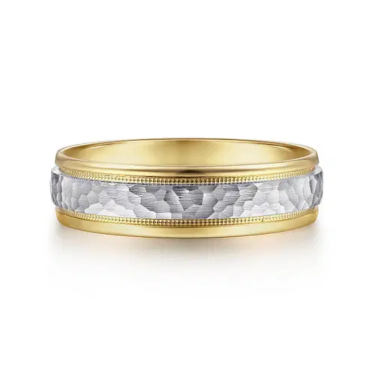 14K Two-Tone Gold 6mm – Hammered Finish Milgrain Men’s Wedding Band Gabriel 14