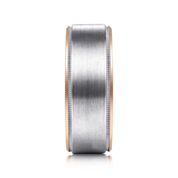 14K Two-Tone Gold 8mm - Satin Finish Milgrain Beveled Men's Wedding Band - Image 4