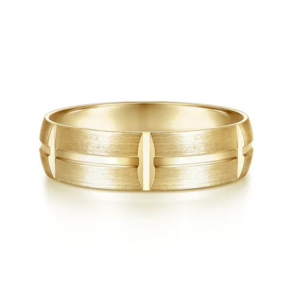 14K Gold 6mm - Satin Carved Station Men's Wedding Band - Image 5