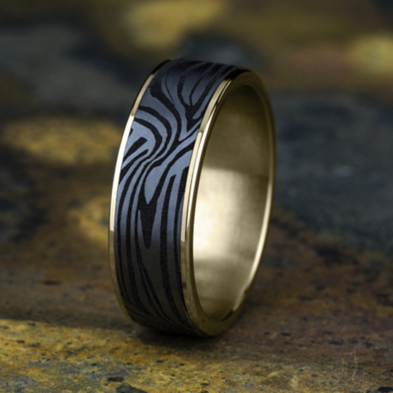 14K Gold and Tantalum 7.5mm – Lava Pattern Men’s Wedding Band Ammara Stone 36