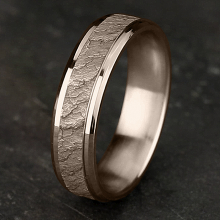 14K Gold 6mm – Lava Rock Beveled Men’s Wedding Band Benchmark 18