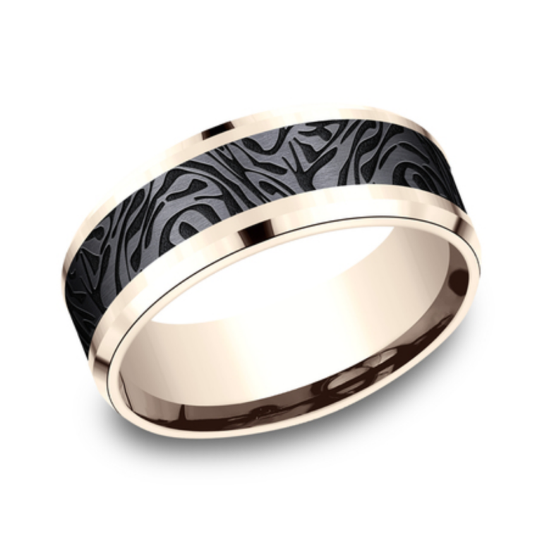 14K Gold and Black Titanium 8mm – Mokume Men’s Wedding Band Benchmark 15
