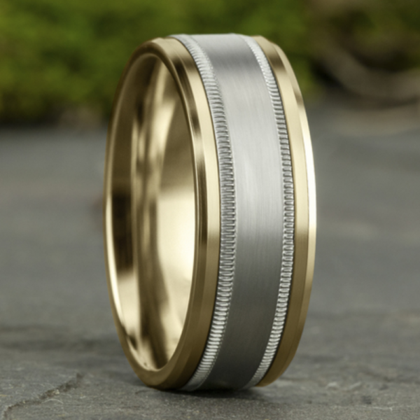 14K Gold 8mm - Satin Milgrain Men's Wedding Band - Image 6