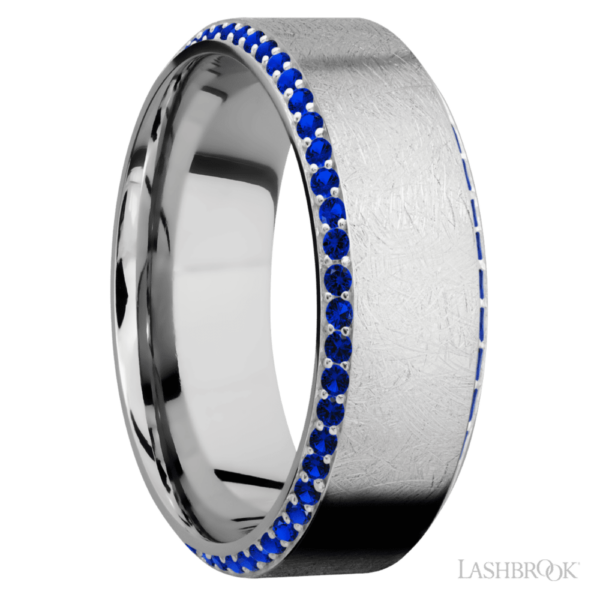 14K Gold 8mm - Bevel Set Sapphire Eternity Men's Wedding Band - Image 3