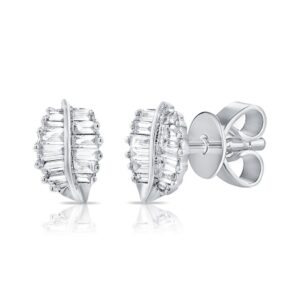 14K White Gold Leaf Studs with .29ctw Baguette Diamonds