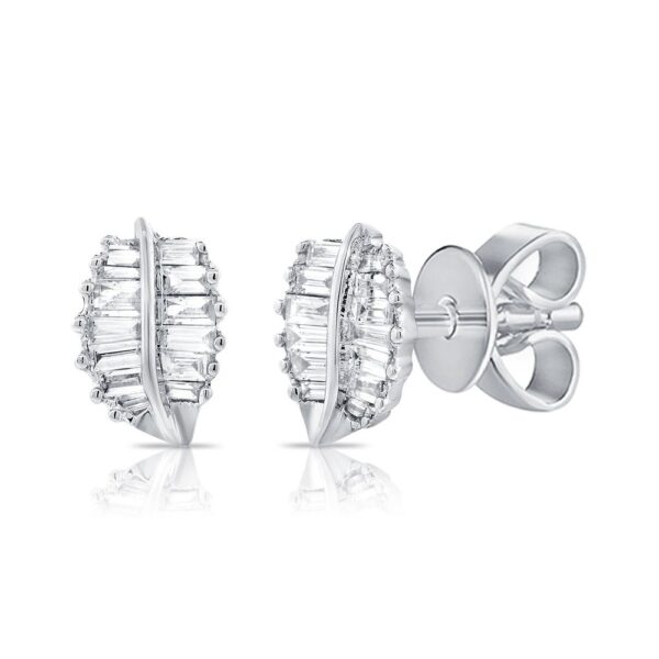 14K White Gold Leaf Studs with .29ctw Baguette Diamonds Earrings 3