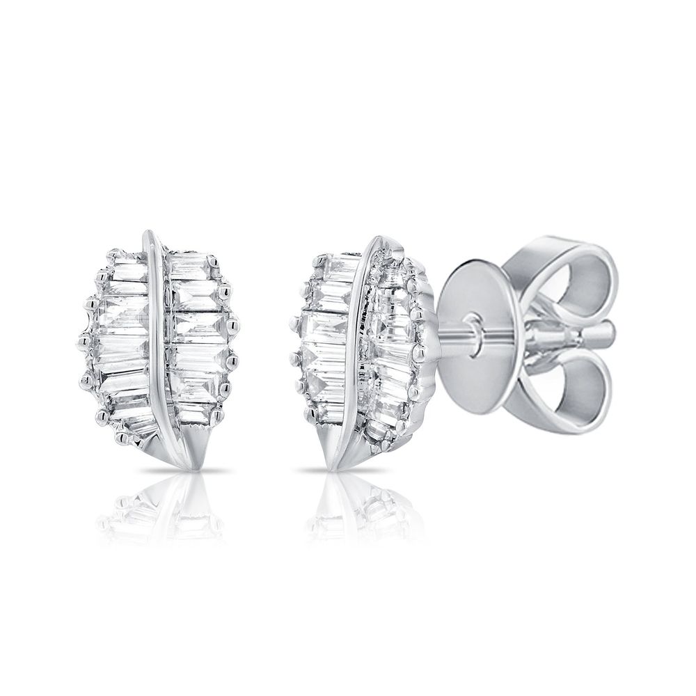 14K White Gold Leaf Studs with .29ctw Baguette Diamonds Earrings