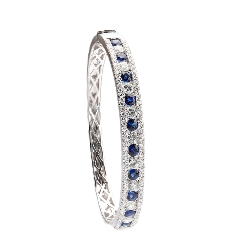14K White Gold Bangle with 3.00ctw Blue Sapphires & 3.50ctw Diamonds Size 6.75 Bracelets 2