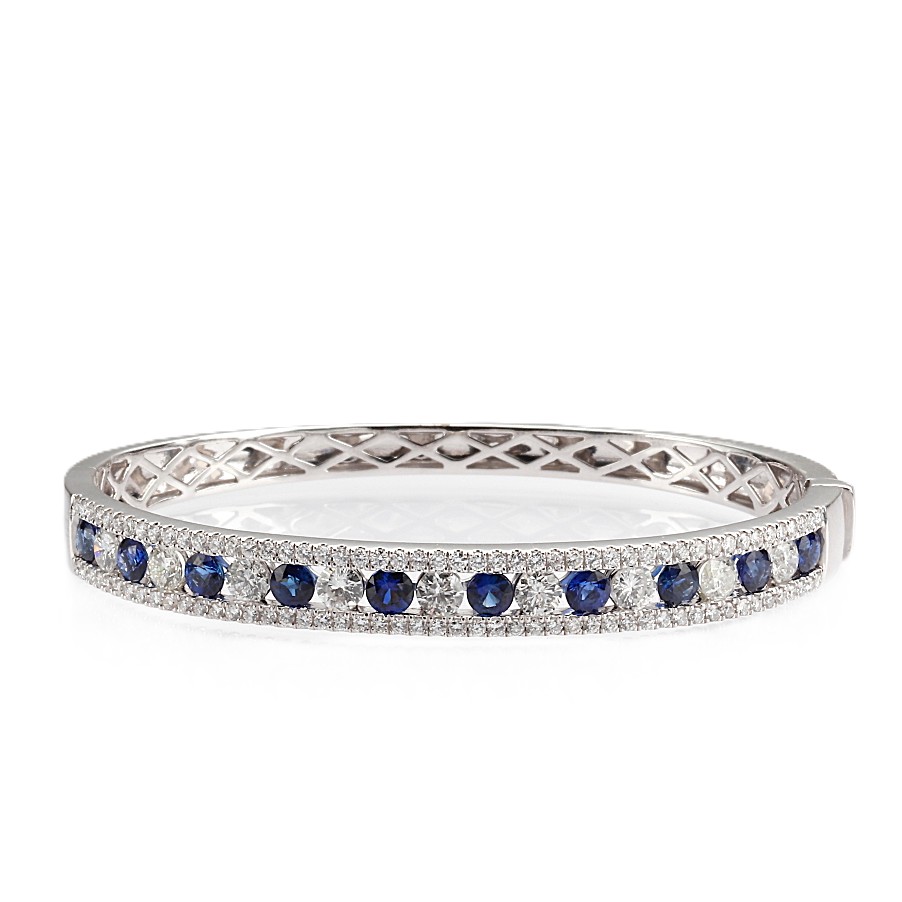 14K White Gold Bangle with 3.00ctw Blue Sapphires & 3.50ctw Diamonds Size 6.75 Bracelets