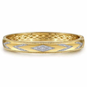 14K Yellow Gold Chevron Pattern Bangle with Bujukan Beads & .36ctw Diamonds Size 6.25