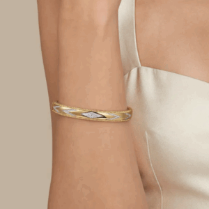 14K Yellow Gold Chevron Pattern Bangle with Bujukan Beads & .36ctw Diamonds Size 6.25