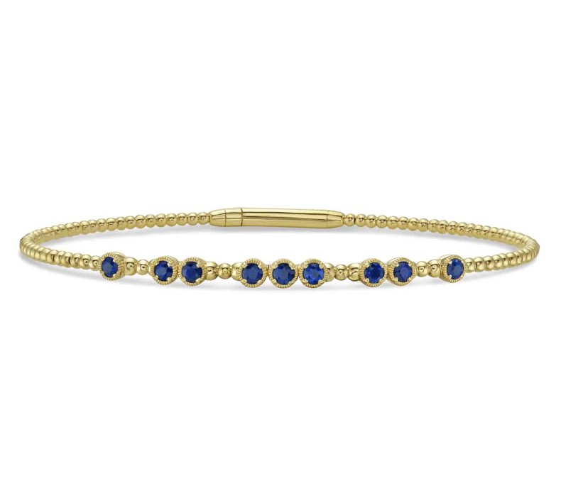 14K Yellow Gold Beaded Bangle with .65ctw Blue Sapphires Size 6.75 Bracelets