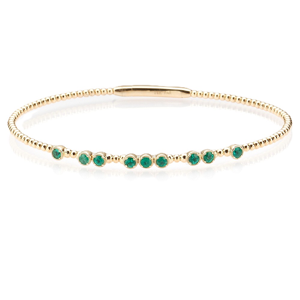 14K Yellow Gold Flexible Bangle with .60ctw Green Emeralds Size 6.75 Bracelets
