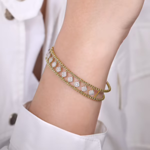 14K Yellow Gold Bujukan Bead Cuff with .71ctw Pave Diamonds Size 6