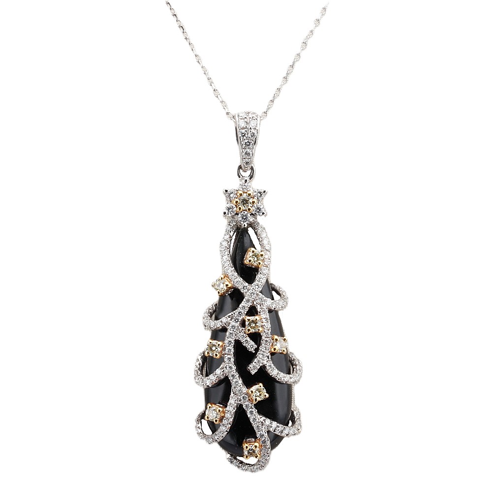 18K White Gold Pendant with 1.89g Onyx & .87ctw Diamonds Fine Jewelry