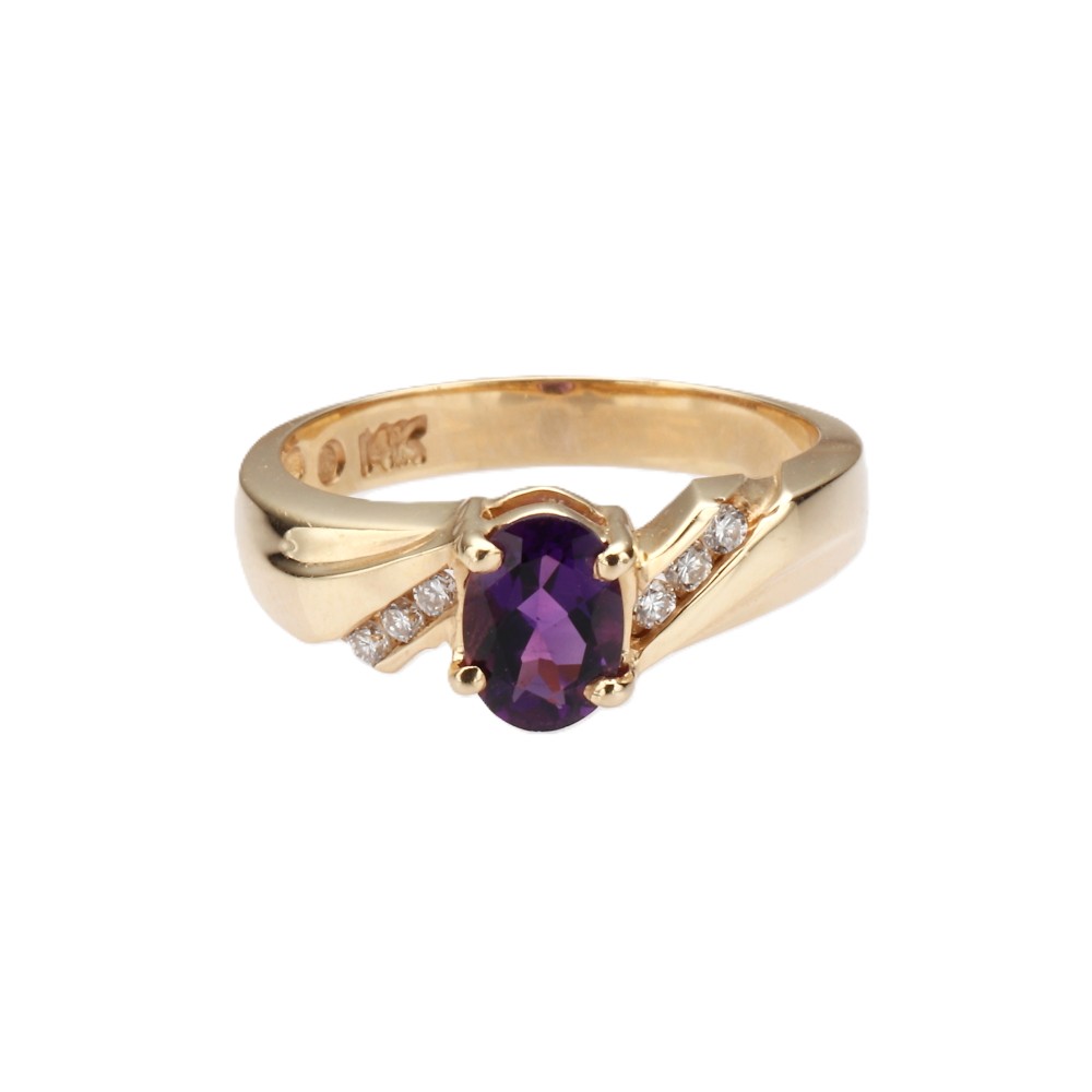 14K Yellow Gold Ring with .77ct Oval Amethyst & .15ctw Diamonds Size 6.5 Fine Jewelry