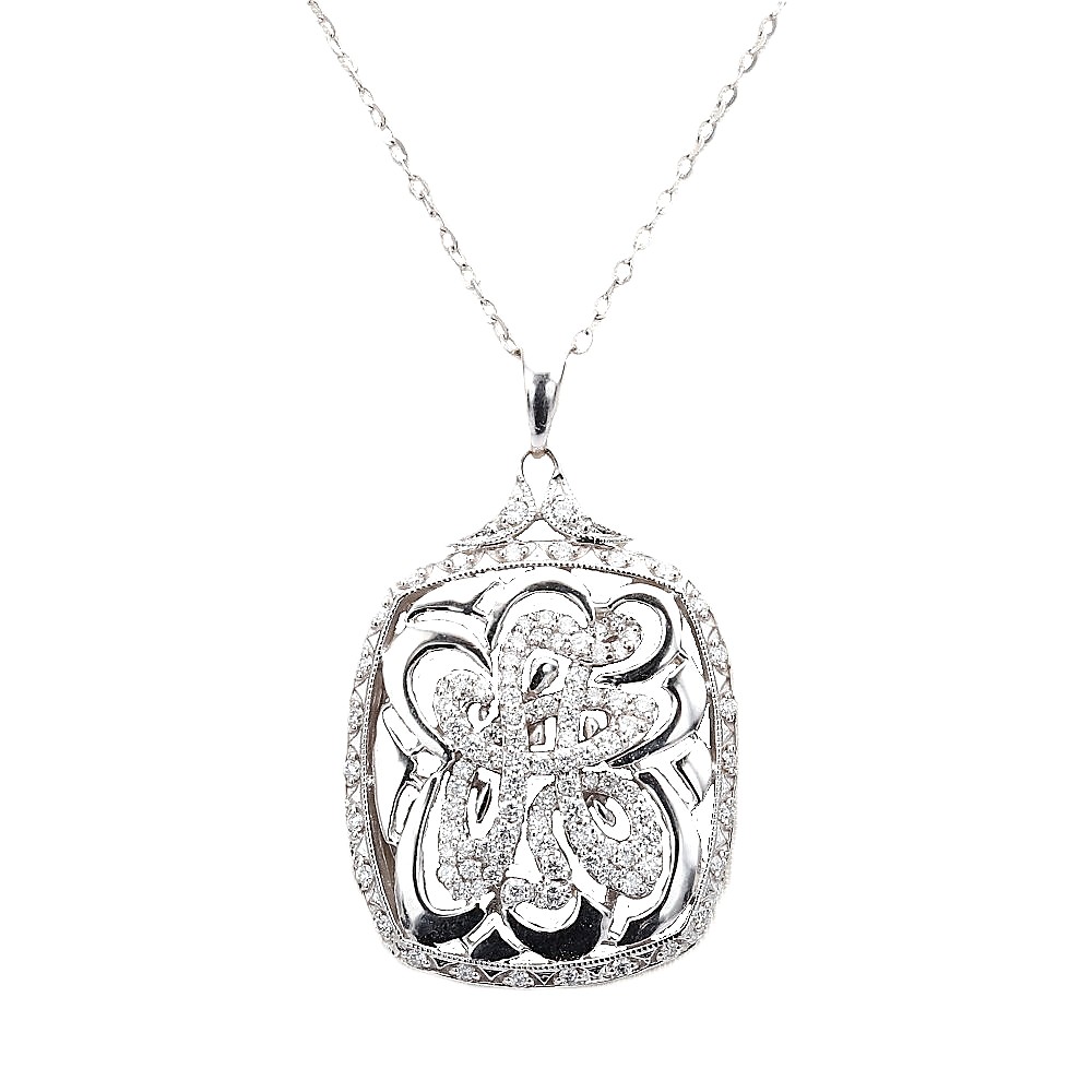 18K White Gold Floral Style Pendant with .73ctw Diamonds 16″ Fine Jewelry