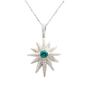 18K White Gold Star Pendant with .50ct Lab-Grown Green Emerald & .65ctw Diamonds 16