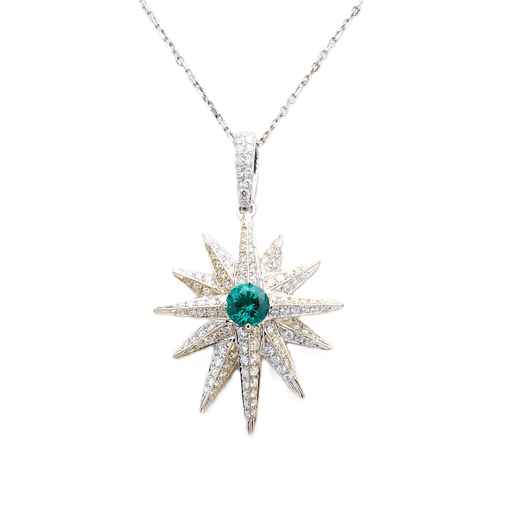 18K White Gold Star Pendant with .50ct Lab-Grown Green Emerald & .65ctw Diamonds 16″ Fine Jewelry