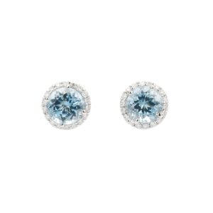 14K White Gold March Birthstone Studs with 1.50ctw Aquamarine & .22ctw Diamond Halo